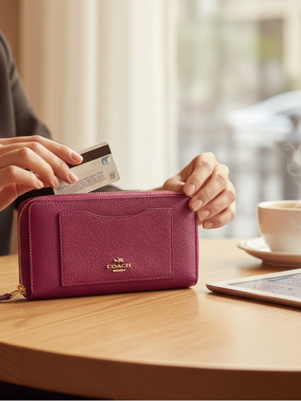 Coach Pebble Leather Zip Wallet in Fuchsia Pink